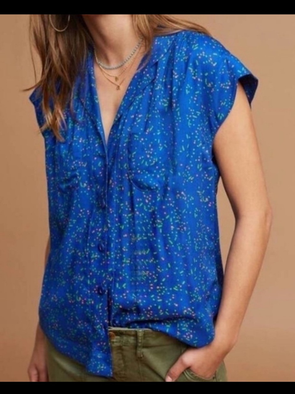 Maeve Blue Cap-Sleeve Button Front Women's Top